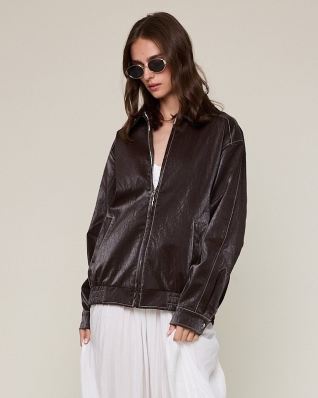 Faux Leather Collared Trim Point Oversized Jacket