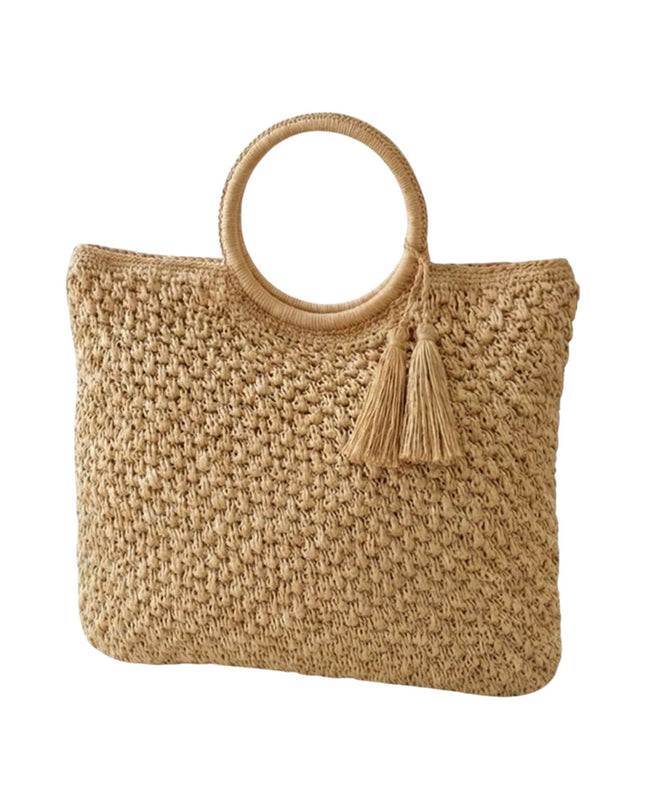 Round Handle Tassel Raffia Woven Tote Handbag