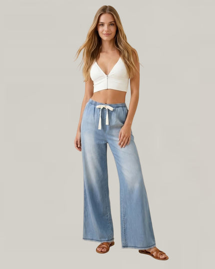 Wide Leg Elastic Tie Waist Denim Pants