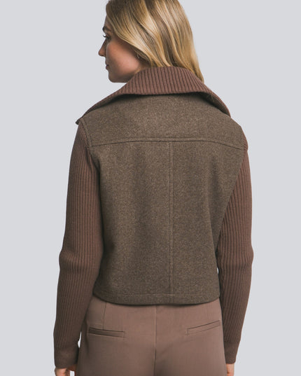 Ribbed Contrast Sleeve High Collar Zip Up Jacket