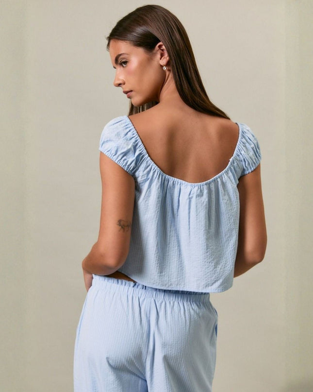 Striped Shirred Neck Button Front Sleeveless Top