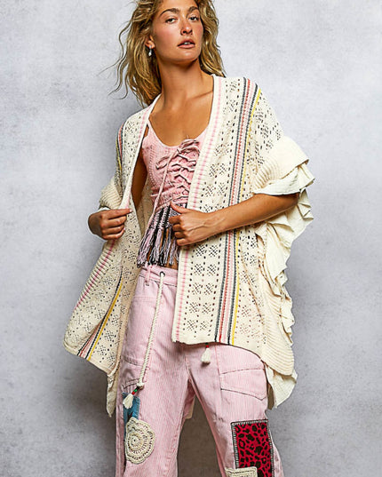 Vertical Strip Loose Knit Ruffle Sleeveless Open Cardigan Sweater