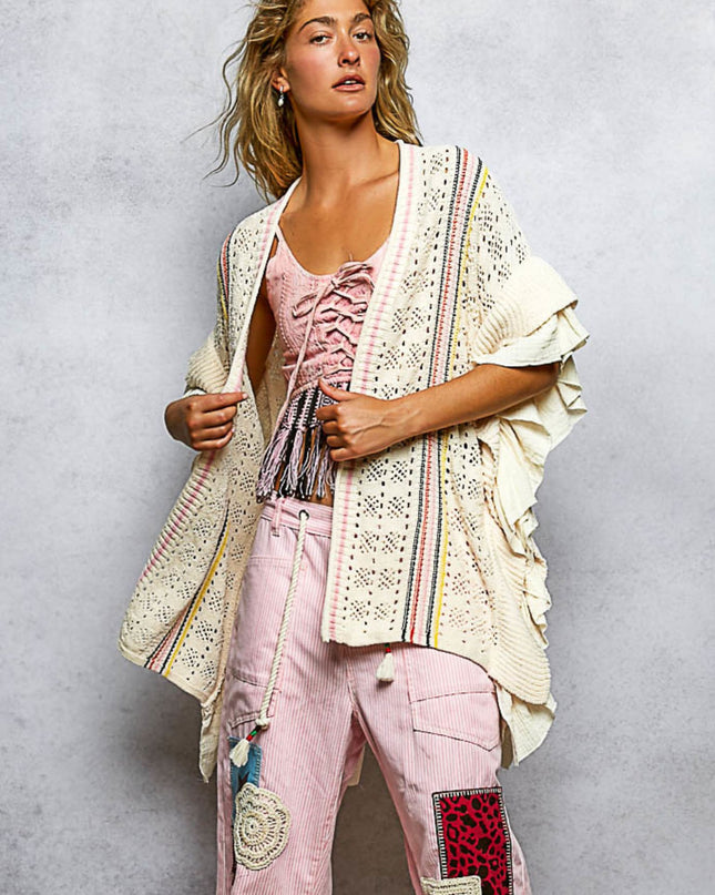 Vertical Strip Loose Knit Ruffle Sleeveless Open Cardigan Sweater