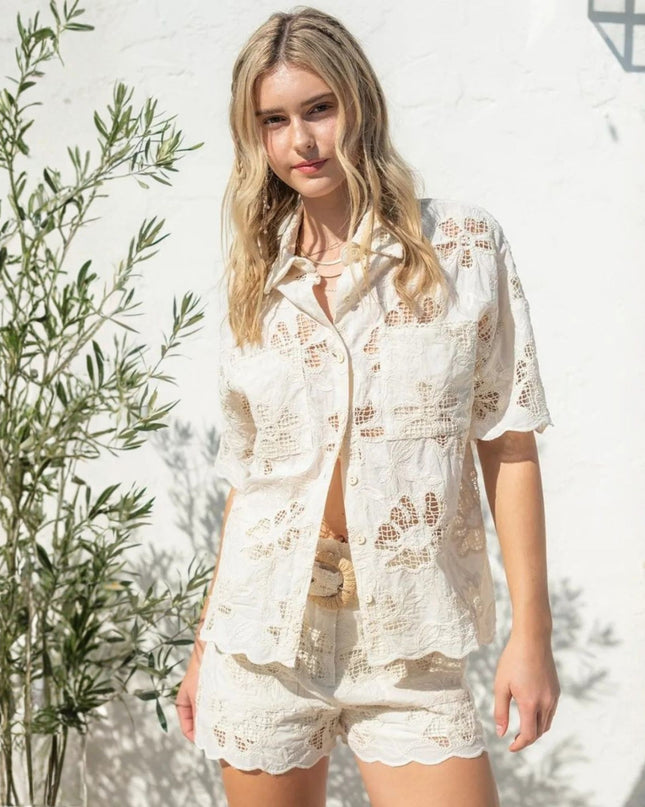 Flower Embroidered Eyelet Scallop Hem Short Sleeve Button Down Top