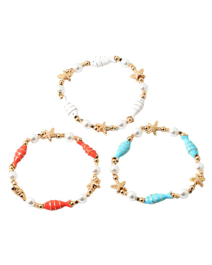 Enamel Fish Gold Starfish Pearl Stretch Bracelet