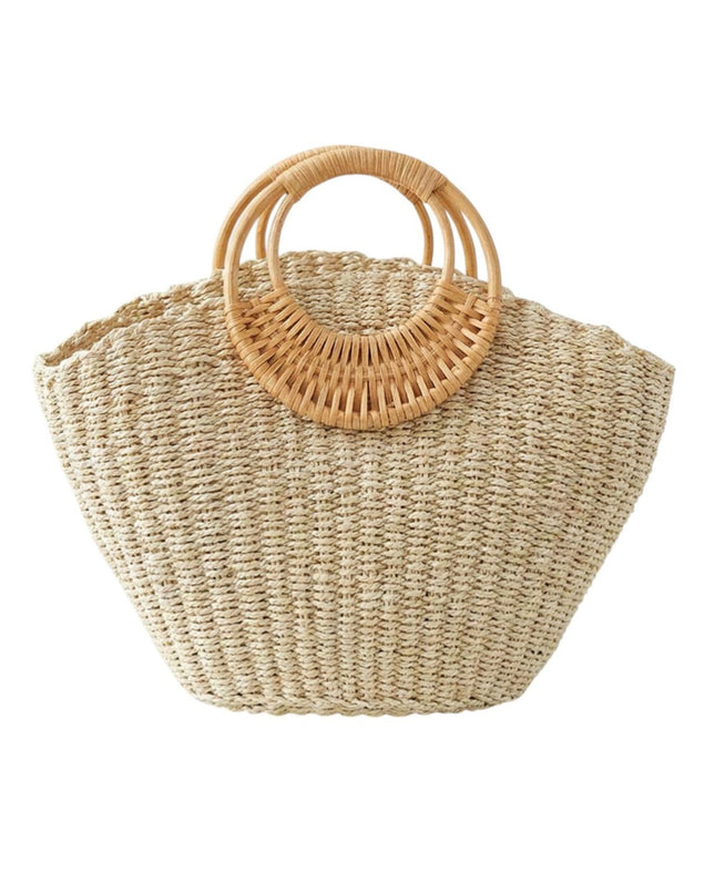 Structured Round Handle Raffia Woven Tote Handbag