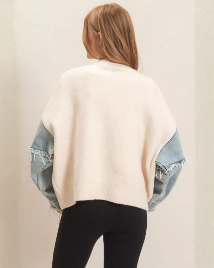 Denim Sleeves V Neck Cardigan Sweater