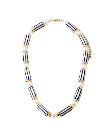 White Blue Stripe Rectangle Ceramic Bead Pearl Necklace