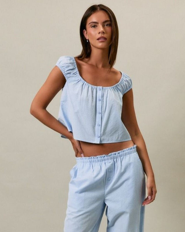 Striped Shirred Neck Button Front Sleeveless Top