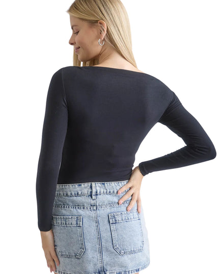 Boat Neck Pintuck Fitted Long Sleeve Top