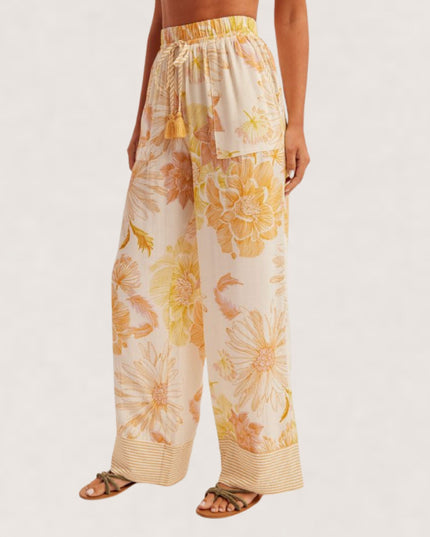 Floral Contrast Stripe Hem Elastic Drawstring Waist Lounge Pants