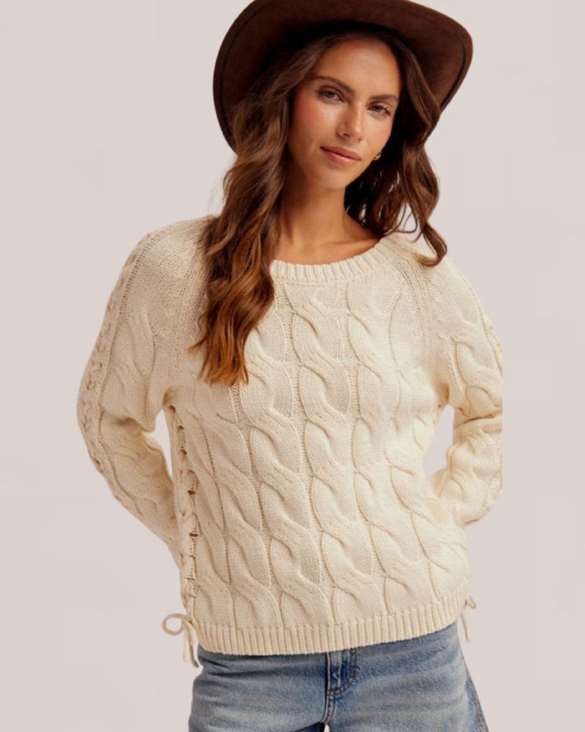 Tie Lace Up Sleeve & Side Cable Knit Sweater