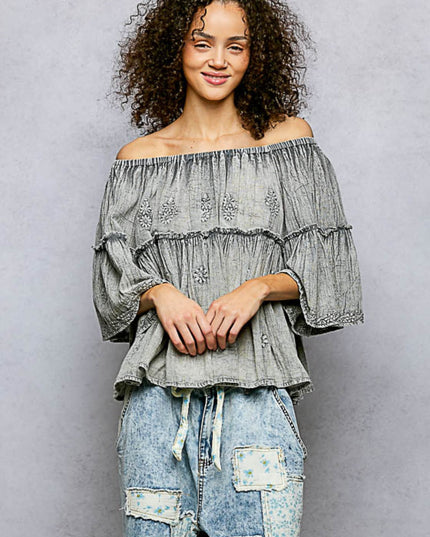 Off Shoulder Floral Embroidery Half Sleeve Top