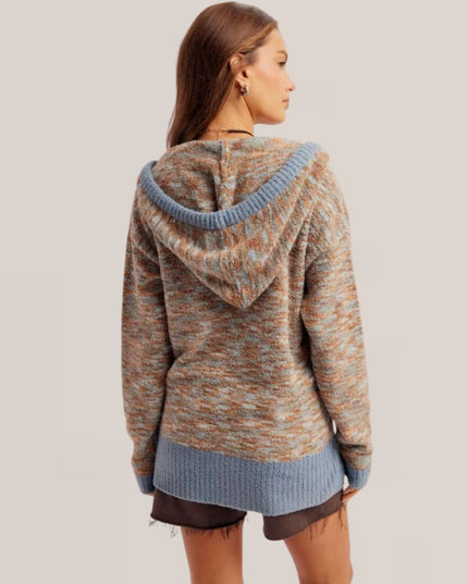 Hooded Contrast Trim Textured Knit Sweater