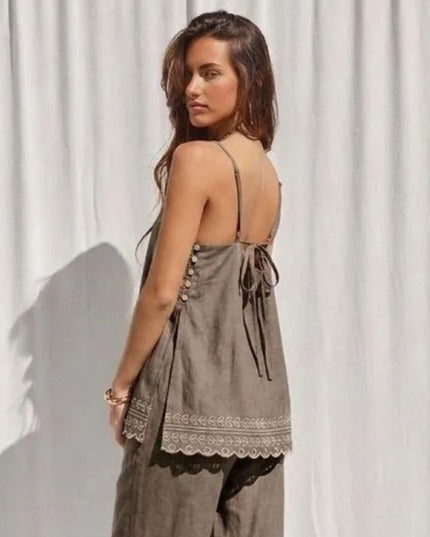 Side Button Embroidered Hem Spaghetti Strap Tie Back Top