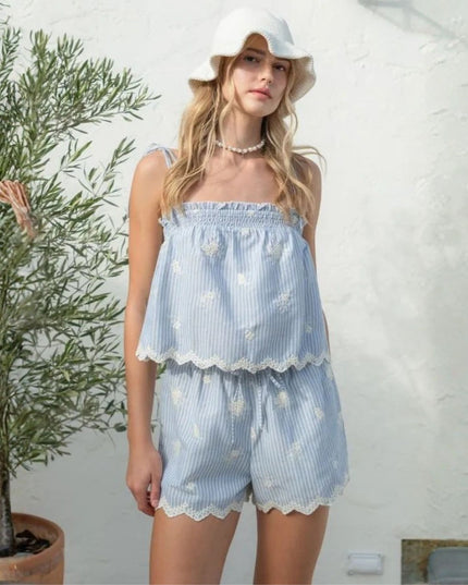 Embroidery Striped Spaghetti Strap Scallop Hem Top