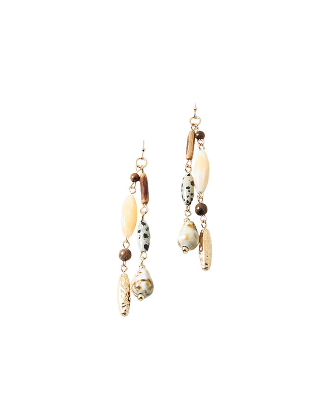 Natural Stone Dalmatian Wood Metal Beaded Double Droplet Earrings
