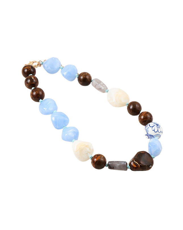 Blue White Bead Ceramic Resin Cord Knot Gold Clasp Necklace
