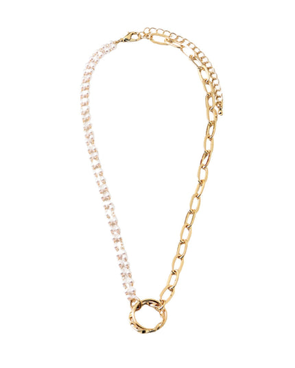 Double Pearl Paperclip Chain Metal Circle Necklace