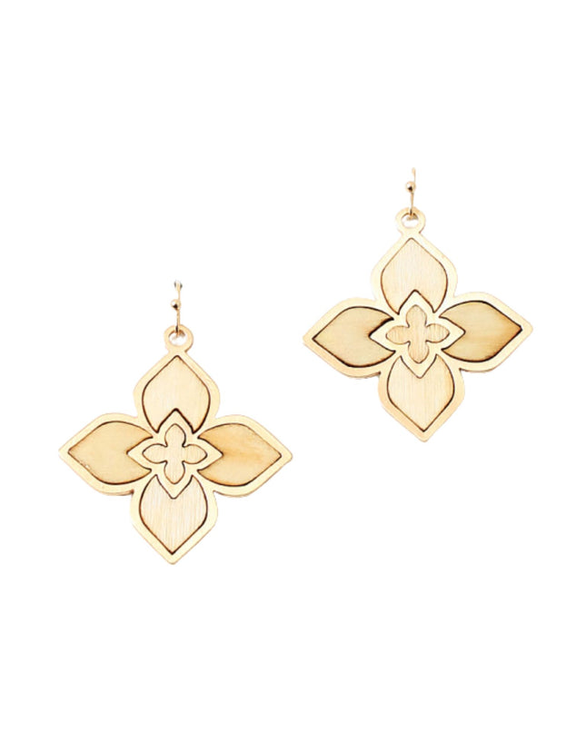 Flower Wood Gold Metal Earrings
