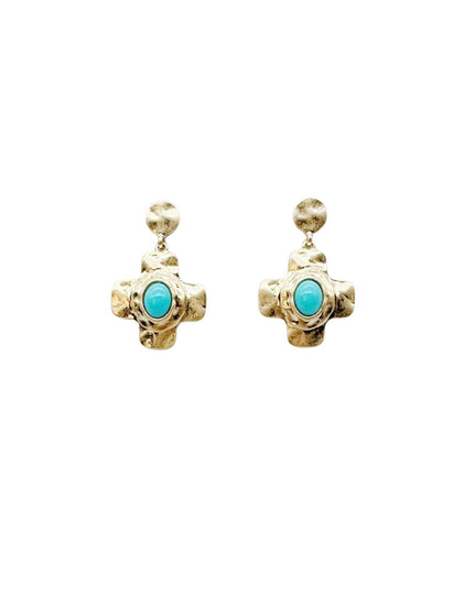 Oval Pearl Centered Cross Gold Metal Drop Dangle Earrings