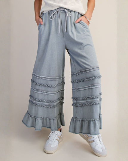 Tiered Ruffle Hem Elastic Drawstring Waist Wide Leg Pants