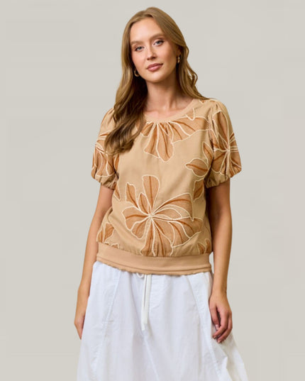Floral Embroidered Puff Short Sleeve Top