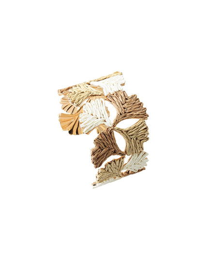 Gold Metal Raffia Wrapped Leaf Cut Out Cuff Bracelet