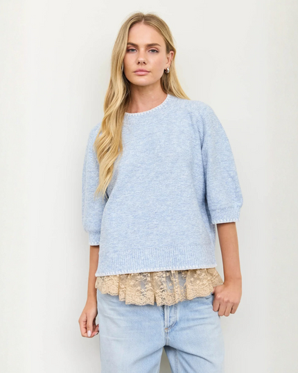 Heathered Contrast Trim Short Sleeve Sweater