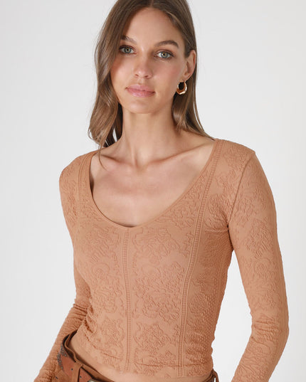 Lace Textured V Neck Long Sleeve Top