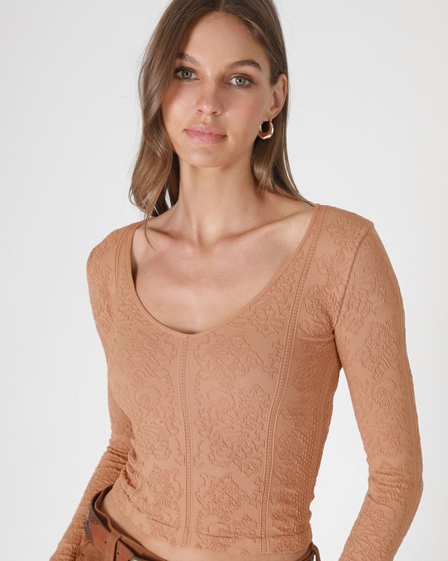 Lace Textured V Neck Long Sleeve Top
