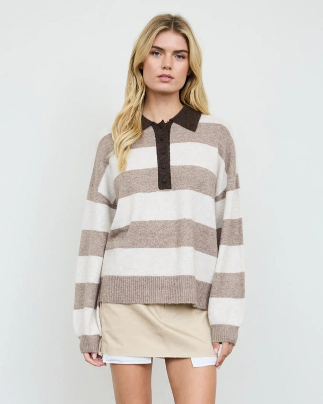 Heathered Wide Stripe Polo Collar Sweater