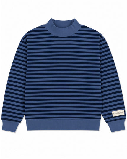 Striped Mock Neck Sunshine Daydream Sleeve Patch Logo Lightweight Terry Sweatshirt Navy
