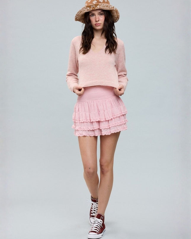 Stripe Print Smocked Triple Tiered lace Mini Skirt