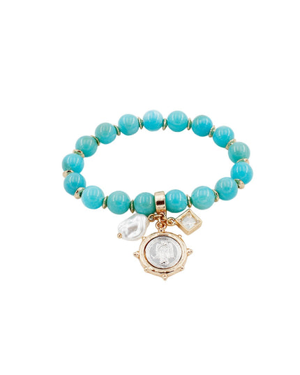 Disc Cubic Crystal Pearl Charm Resin Gold Metal Beaded Bracelet