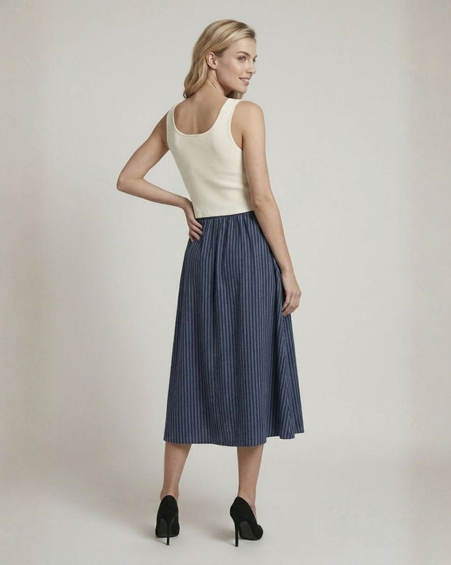 Twofer Striped Skirt Solid Tank Top Midi Dress