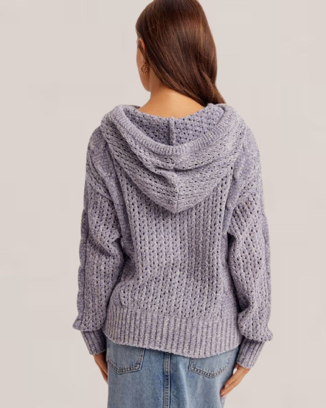 Pointelle Stitch Hooded Cable Knit Sweater