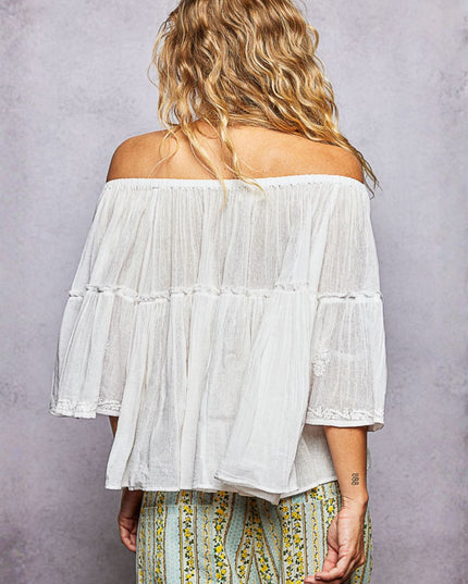 Off Shoulder Floral Embroidery Half Sleeve Top
