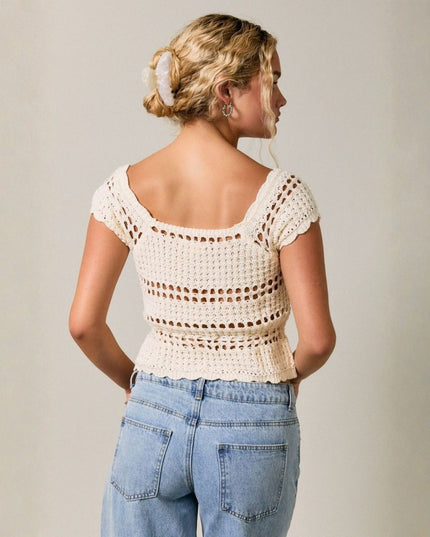 Square Neck Tie Waist Cap Sleeve Crochet Top