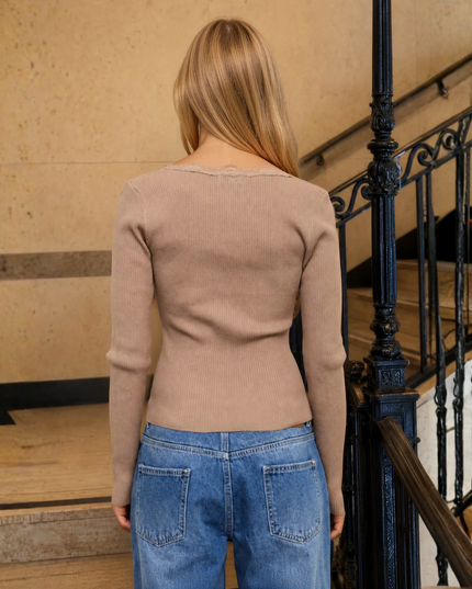 Square Neck Lace Trim Ribbed Sweater