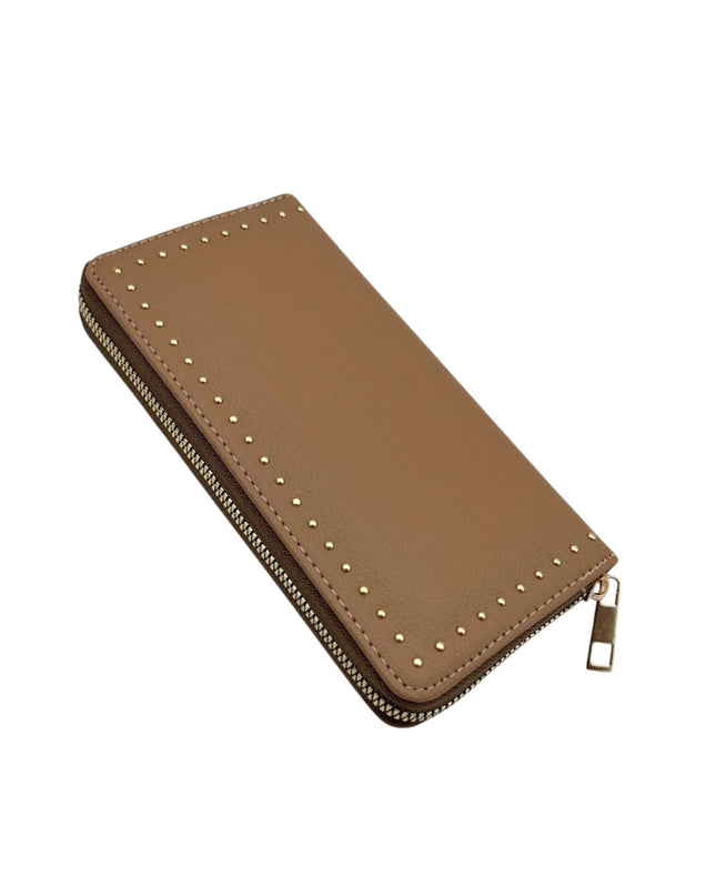 Faux Leather Studded Zip Around Wristlet Long Wallet