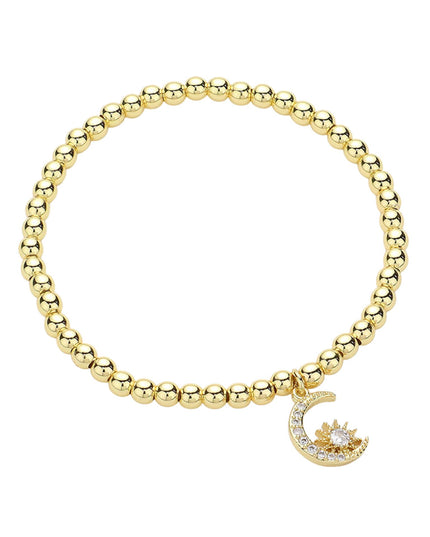 Paved Stone Crescent Moon Star Charm Metal Ball Bead Bracelet
