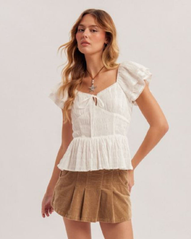 Ribbon Tie Front Sweetheart Neckline Smocked Back Flutter Short Sleeve Peplum Top