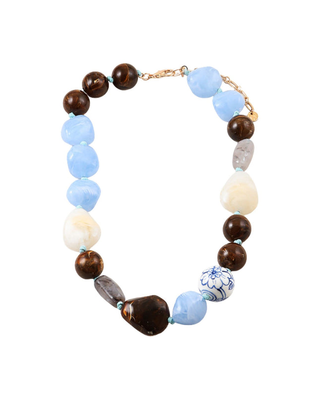 Blue White Bead Ceramic Resin Cord Knot Gold Clasp Necklace