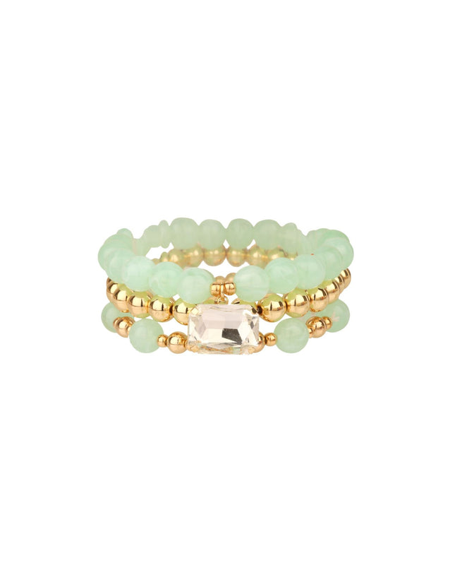 Center Crystal Marble Bead Gold Ball Beaded Stretchable 3 Bracelet Set