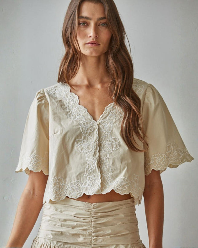 Tuscany V Neck Embroidered Short Sleeve Top
