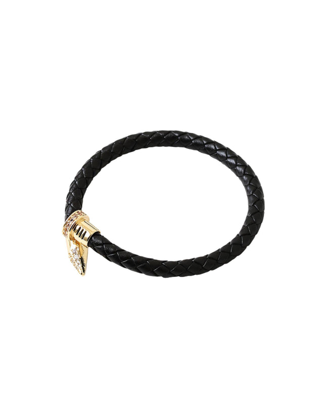 Gold CZ Nail Tip Braided Leather Bracelet