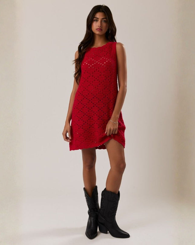 Tie Back Boat Neck Sleeveless Crochet Mini Dress