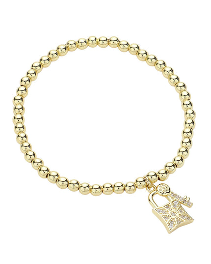 Paved Stone Lock & Key Charm Metal Ball Bead Bracelet
