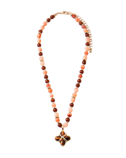 Tigers Eye Clover Pendant Resin Beaded Gold Metal Ball Bead Necklace